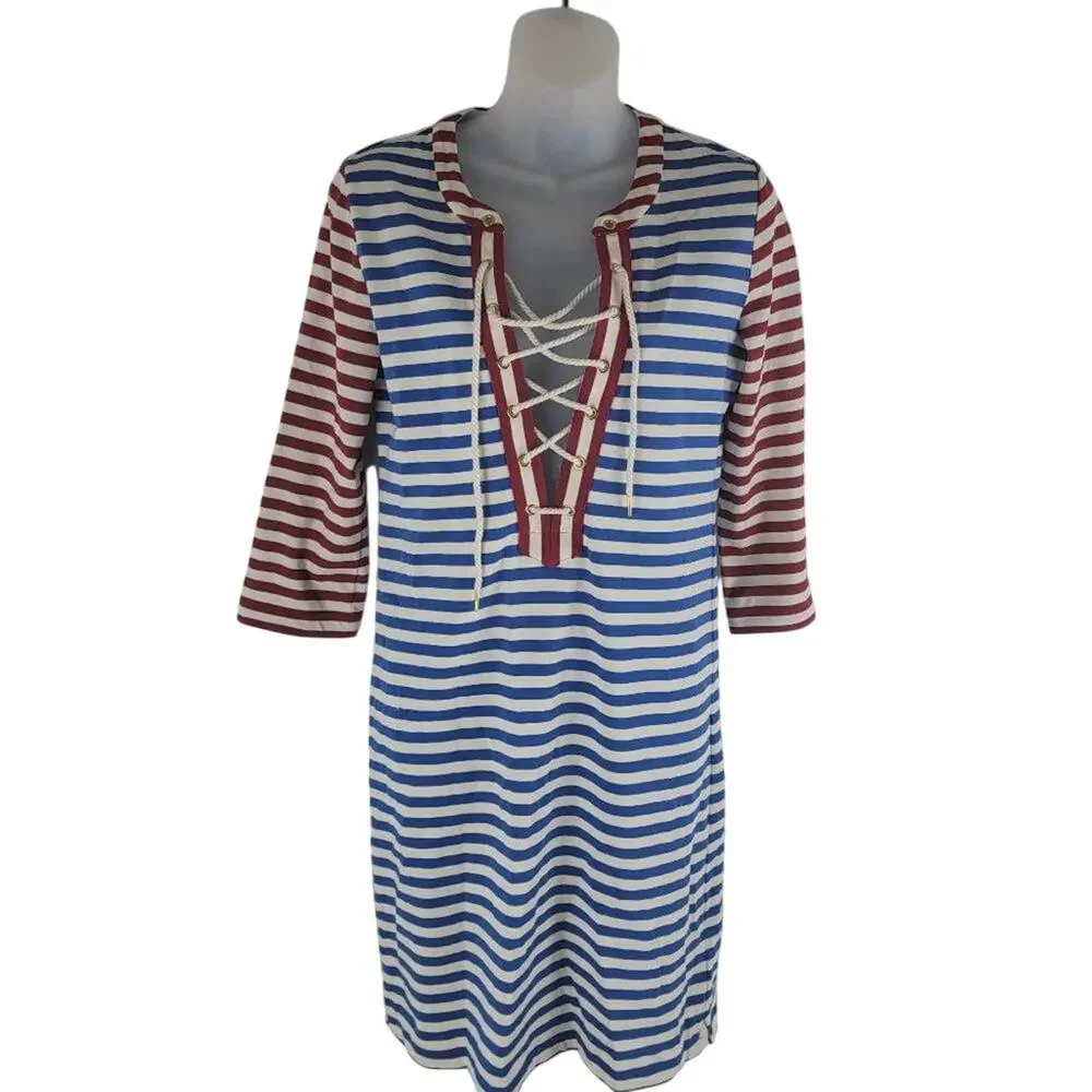 J crew Striped Lace Up Maxi Dress 3/4 Sleeve Multi Color Size XS